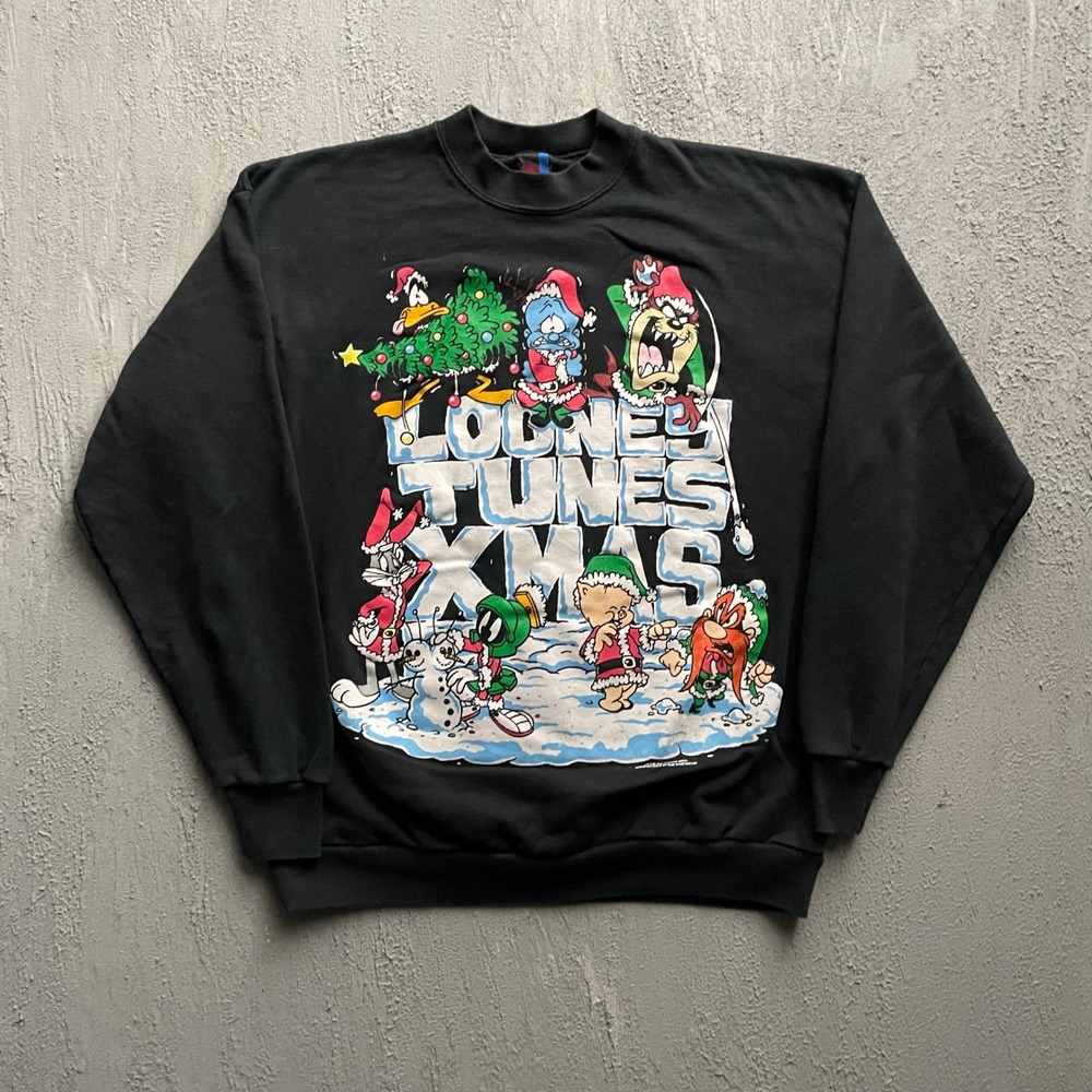 Vintage Looney Tunes Xmas Sweatshirt Men XL Black 1990s Sun Sportswear